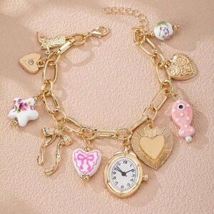 Multicolor Boho Women's Charm Bracelet With Faux Clock Heart Locket Bow
